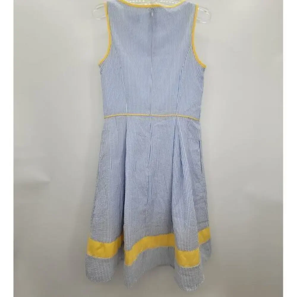 Elle Seersucker Striped Contrasting Trim Sleeveless‎ Midi Fit n Flare Dress
